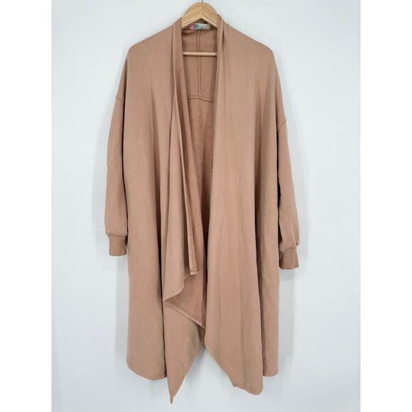 Free People Red Eye Cardigan Oversized Open Front Longline Duster Sweater, Tan - Picture 4 of 15